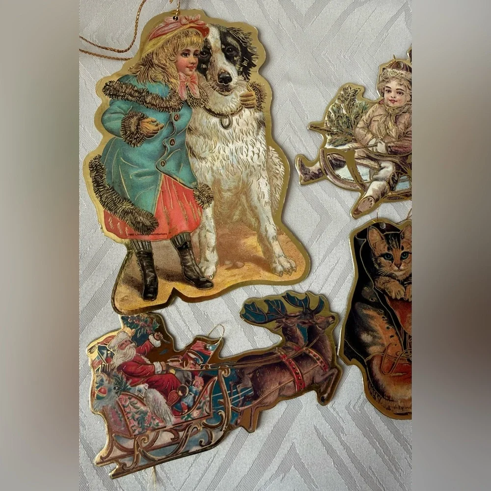Vintage Holiday Christmas Paper  Ornaments Set with Red, Blue, and Gold Accents